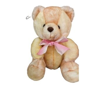Kuddle Me Toys Plush Teddy Bear Peach Yellow Marbled Stuffed Animal‎ Pink Bow 9"